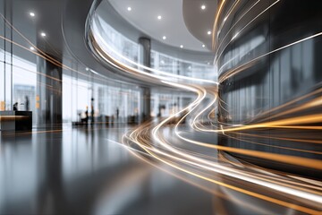 Interior architectural depiction, with light trails and reflections. Modern office space