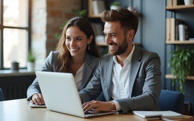 Two business coworkers working on laptop computer at office. High quality