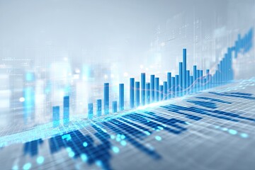 Abstract, blue, three-dimensional bar graph rising, overlaid by a red line