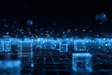 Abstract digital art showcasing illuminated cubes, blue particles, and grid lines
