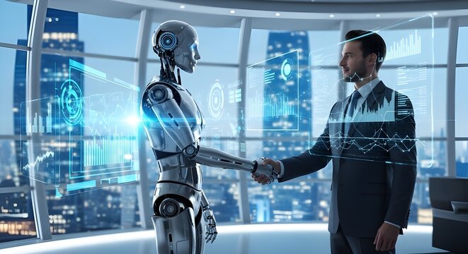 Businessman and humanoid robot shaking hands, symbolizing future collaboration and technological integration in a modern corporate setting with data overlay