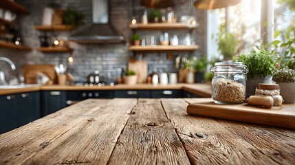 Clean, empty wooden kitchen countertop is in the foreground. A modern, stylish kitchen is beautifully blurred in the background, bathed in soft, natural morning light.