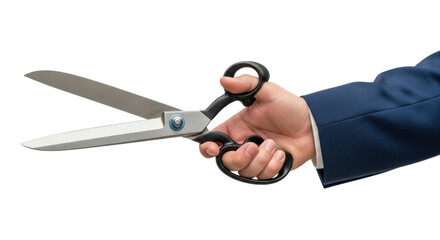 Isolated hand holding scissors. Man in business suit cutting with scissors, conceptual image