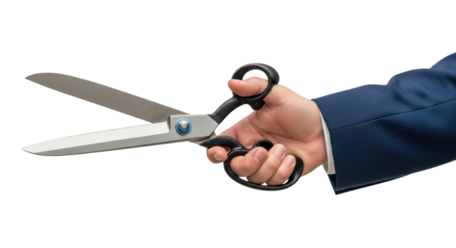 Isolated hand holding scissors. Man in business suit cutting with scissors, conceptual image