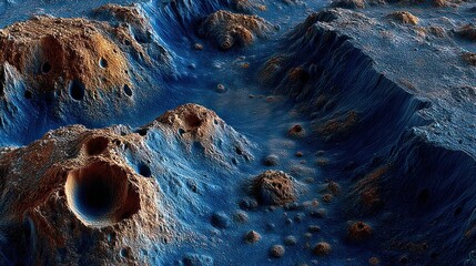 Abstract alien planet surface with rough terrain and impact craters. Desolate extraterrestrial landscape background, space exploration concept art.