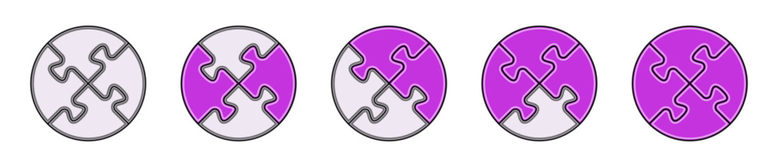 Round shape puzzle pieces vector. Purple three dimensional puzzle set. Collection of puzzle to use for business, strategy, teamwork, analisys, infographics, engineering design project. 