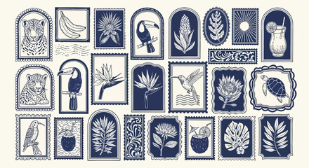 Vector art of vintage tropical postage stamp collection, featuring exotic animals and plants illustrations