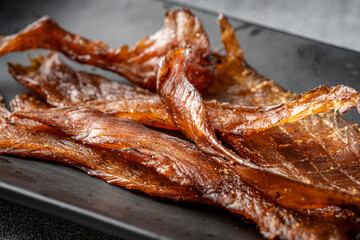 Macro closeup of chicken jerky