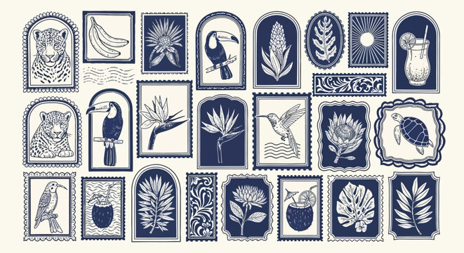 Vector art of vintage tropical postage stamp collection, featuring exotic animals and plants illustrations