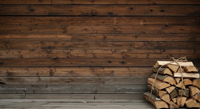 Stack of firewood bundle against an old wooden wall. Warm, rustic background for winter, fall, or cozy home concepts.