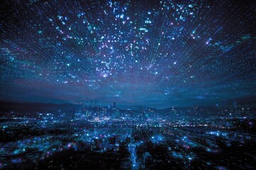 City skyline beneath a digital sky of data streams. A vibrant night scene glows blue and purple