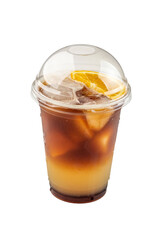 Iced coffee with orange juice in plastic cup