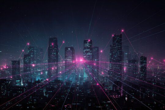 Cyberpunk cityscape with glowing pink connections overlayed on buildings in the dark night - Powered by Adobe