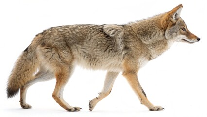 Obraz premium An isolated gray wolf (Canis lupus) mammal predator with fur on a white background, a wildlife animal beast of nature