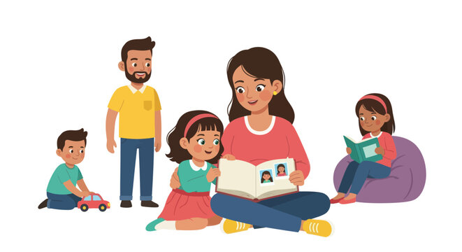 A happy cartoon family with parents and three children spending quality time together reading books and looking at a photo album.