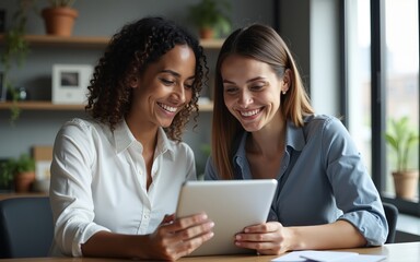 two office workers looking at tablet smiling, teamwork, collaboration, work lifestyle. High quality