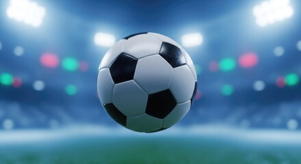 Fototapeta premium New black and white soccer ball on the green competition field, a fun object for the team sport