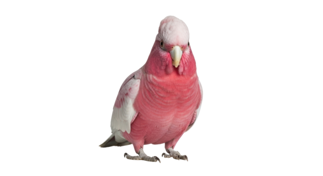 Isolated Rose-breasted cockatoo perched on feet, facing forward in direct eye contact