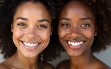 Closeup of two beautiful diverse women with radiant smiles facing camera in studio highlighting natural beauty and skin texture. High quality