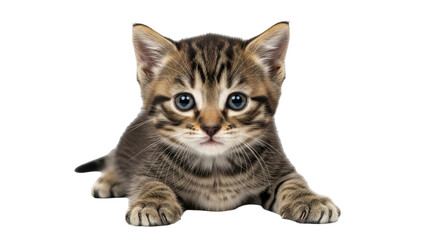 Fototapeta premium Isolated striped kitten lying, adorable young tabby cat resting, small pet with blue eyes