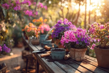 Colorful Flowers On Wooden Garden Table