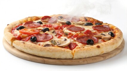 Baked slice of Italian salami pizza with olives, cheese, and tomato sauce on a white background