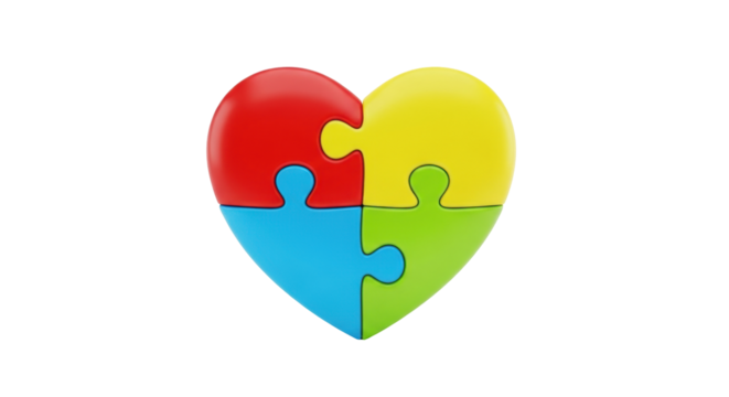 Isolated colorful heart made of four puzzle pieces, symbol of love, care, cooperation