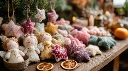 Decorative zero waste Christmas ornaments crafted from felt wool and fabric displayed on a rustic wooden table in a cozy holiday setting