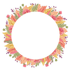 Hand drawn autumn round frame with colorful leaves, berries and flowers isolated on white background. Fall wreath for Thanksgiving Day, harvest festival, invitations, greeting cards and seasonal decor