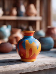 Artisanal vase on rustic wood.  Handcrafted ceramic with vibrant blue, orange, and yellow patterns. Ideal for home decor, artistry, or creative design concepts.