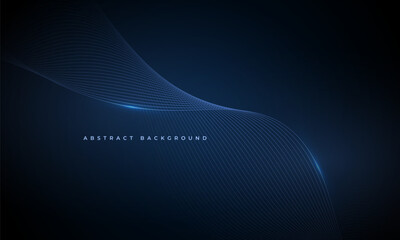 Abstract dark blue vector background with glowing blue wavy lines.