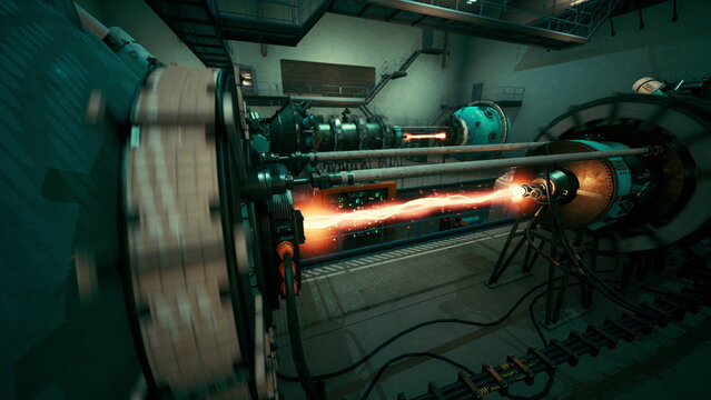 Bright beams of energy emerge from advanced machinery in a futuristic lab. Engineers observe closely, demonstrating the power of innovation and cutting edge design in action.