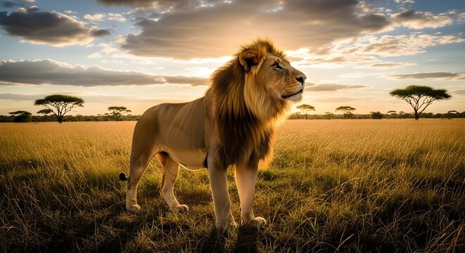 Majestic male lion standing proudly in a golden savanna field at sunset, with scattered acacia trees under a dramatic sky