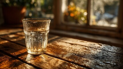 Photorealistic image of a clear drinking glass on a rustic wooden table. It is illuminated by warm, beautiful morning sunlight streaming in from a window, creating a calm mood.