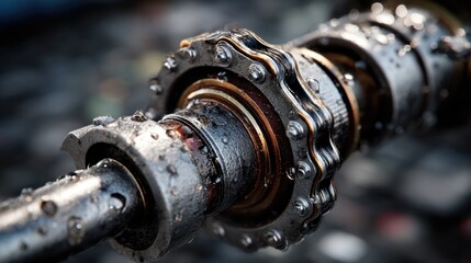 Detailed Metallic Mechanical Component with Chain and Water Droplets Closeup
