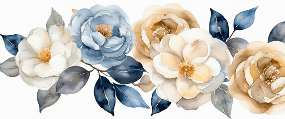 Pastel floral watercolor pattern. Soft cream and blue flowers with gray leaves. Elegant floral design on white background. Vintage inspired gentle flower motif.