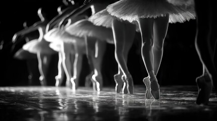 Black and white ballet dancers stand en pointe on stage in a performance