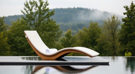 A modern white lounge chair rests beside a tranquil pool, surrounded by lush green trees and distant hills under a cloudy sky.