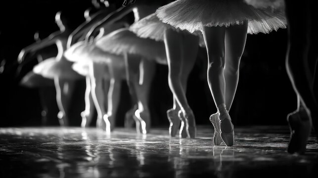 Black and white ballet dancers stand en pointe on stage in a performance