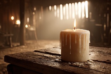 Glowing Candle In Rustic Barn Interior