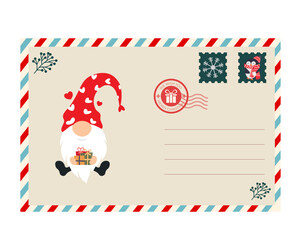 Festive Christmas Postcard Design with Decorated Christmas Tree, Holiday Gifts, Red Background, Airmail Border, and Seasonal Postage Stamp for Holiday Greetings and Winter Celebrations