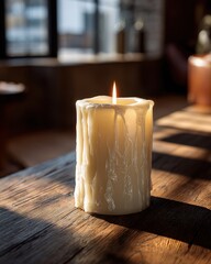 Single White Candle On Wooden Table