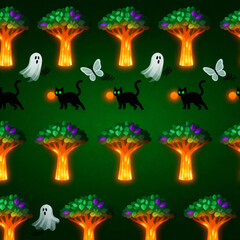 Whimsical halloween pattern featuring glowing trees playful ghosts black cats with pumpkins and delicate butterflies on a dark green textured background for festive designs
