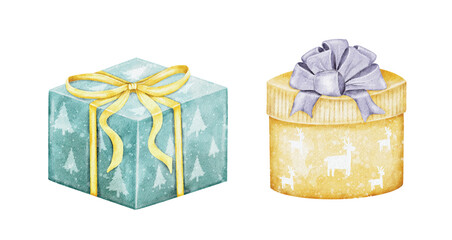 Watercolor Holiday Gift Boxes with Ribbons