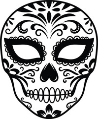 Black and White Decorative Sugar Skull with Floral and Swirl Embellishments day of the dead