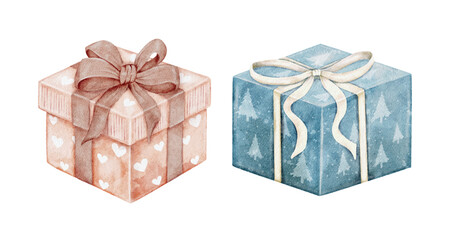 Watercolor Holiday Gift Boxes with Ribbons