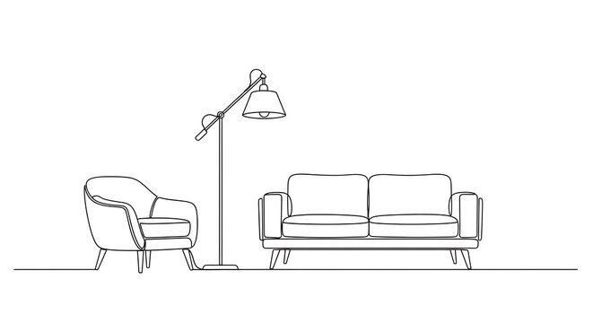Continuous Line Drawing of Modern Living Room Furniture: Sofa, Armchair, and Floor Lamp in Minimalist Interior Design Sketch