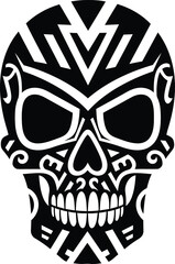 Black and White Tribal Skull Design with Intricate Patterns on White Background vector