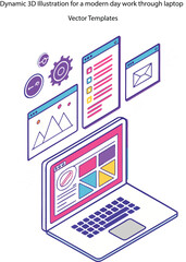 Dynamic 3D Illustration for a modern day work through laptop Vector Templates