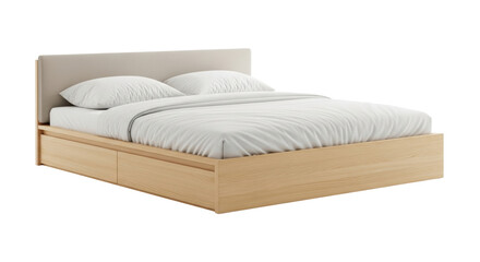 Isolated Bed frame with storage drawers and light colored headboard, bedsheets and pillows